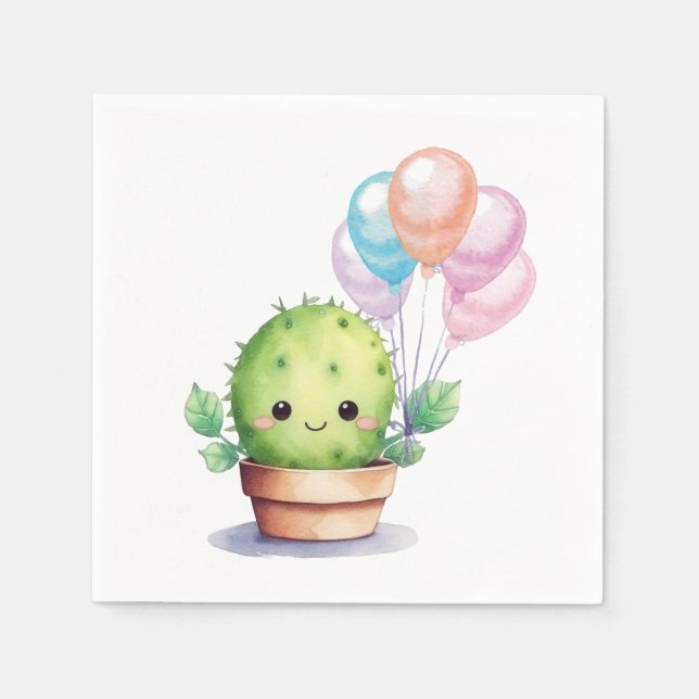 Serviette En Papier Cactus mignons avec ballons d'anniversaire (Devant)