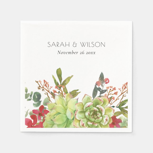 Serviette En Papier Cactus Succulent Mariage d'aquarelle rouge florale (Devant)