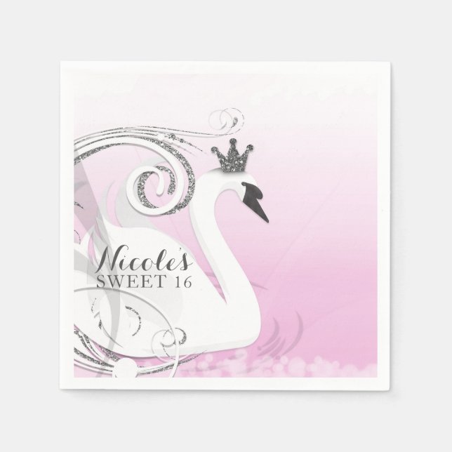 Serviette En Papier Cadeau de Baby Shower Cygne Princesse Blanc Argent (Devant)