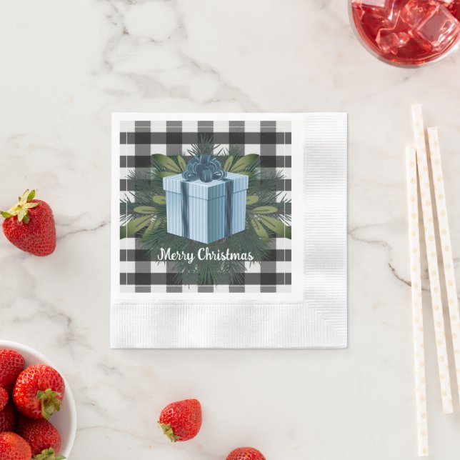 Serviette En Papier Cadeau de Noël Plaid Buffalo | Bleu (En situation)