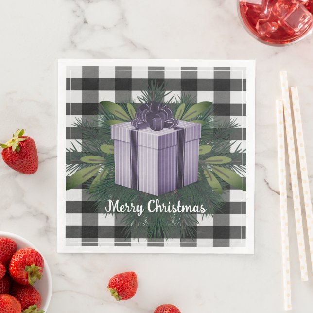 Serviette En Papier Cadeau de Noël Plaid Buffalo | Violet (En situation)