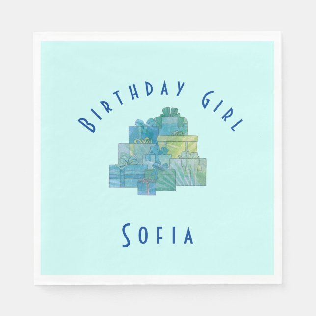 Serviette En Papier Cadeaux mignons pour Anniversaire Fille Bleu Vert (Devant)