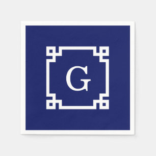 Serviette En Papier Cadre de clé grecque blanche marine #2 Monogramme 