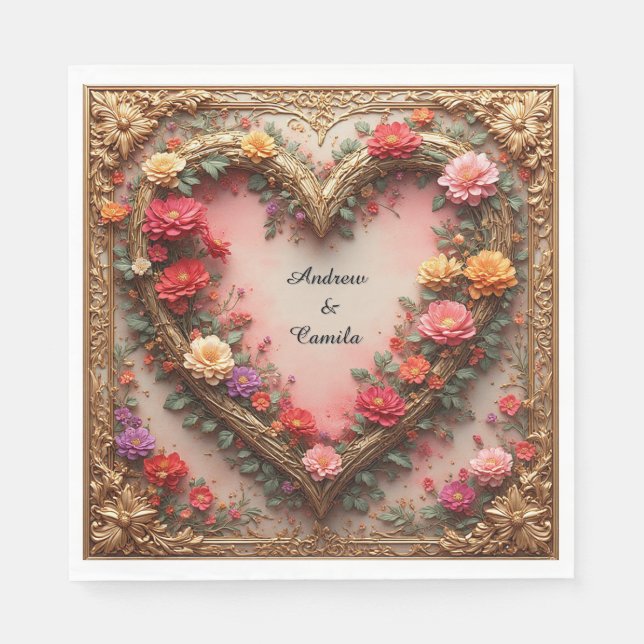 Serviette En Papier Cadre de mariage Cœur Doré (Devant)
