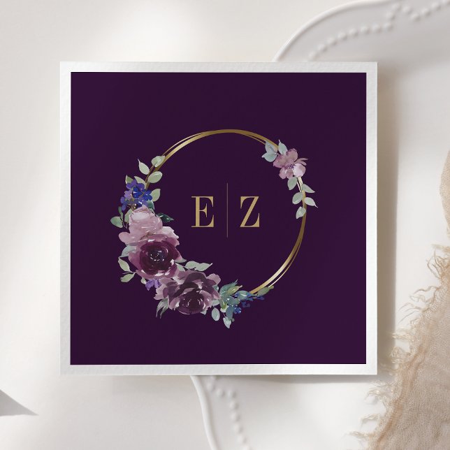 Serviette En Papier Cadre de mariage floral violet bohème or (Créateur téléchargé)