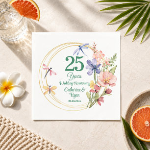 Serviette En Papier Cadre doré Fleurs 25e Anniversaire de Mariage Arge