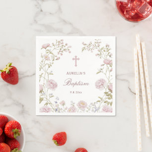 Serviette En Papier Cadre floral rose Baptême