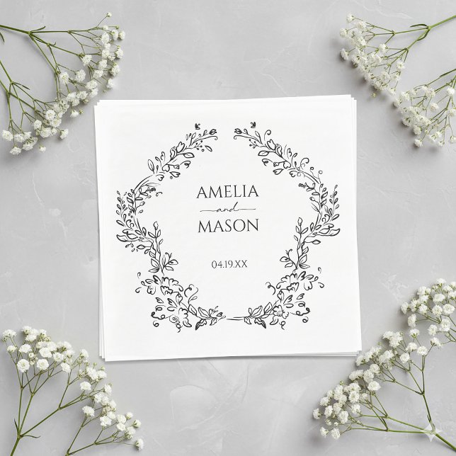 Serviette En Papier Cadre Floral Simple Papier Noir et Blanc Mariage (Simple Floral Frame Black and White Paper Wedding Napkins)