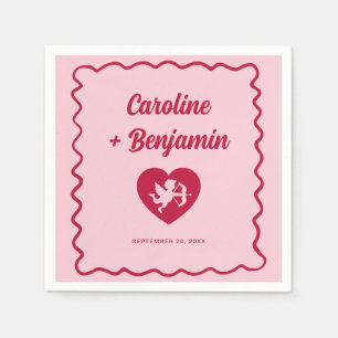 Serviette En Papier Cadre Ondulé Rétro Rouge Rose Cupidon Cœur Mariage