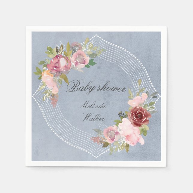 Serviette En Papier cadre rustique baby shower à fleurs bordeaux rose (Devant)