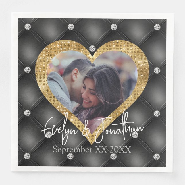 Serviette En Papier Cadres Coeur Photo personnalisée Diamants Noir & O (Devant)