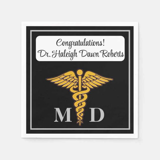 Serviette En Papier Caduceus Black & Silver Médicale School Graduation (Devant)