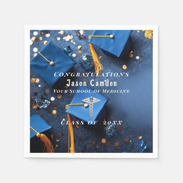 Serviette En Papier Caduceus Elegant Gold White Navy Blue Graduation (Devant)