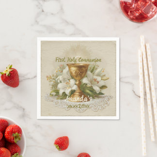 Serviette En Papier Calice de première communion vintage lis blancs
