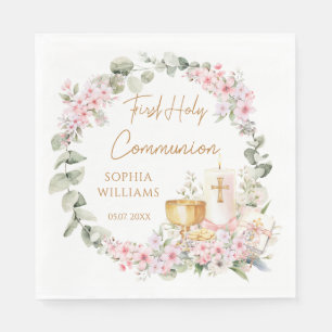 Serviette En Papier Calice Floral Rose Première Sainte Communion 