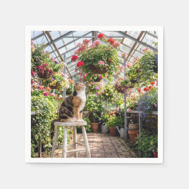 Serviette En Papier Calico Cat on a Stool in a Greenhouse (Devant)