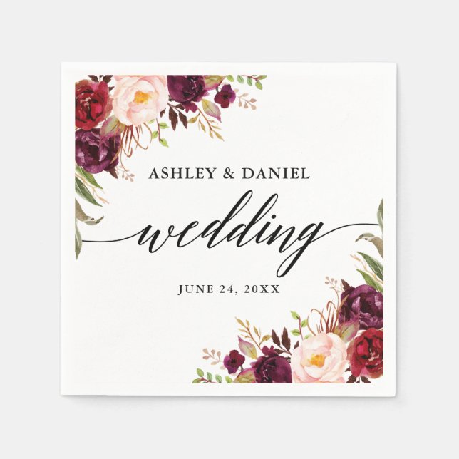 Serviette En Papier Calligraphie Aquarelle Bourgogne Floral Mariage (Devant)