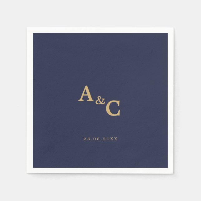 Serviette En Papier Calligraphie d'or romantique Marine Mariage bleu (Devant)