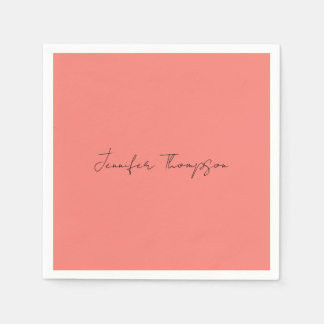 Serviette En Papier Calligraphie Elégant Coral rose Plaine Nom simple