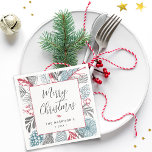 Serviette En Papier Calligraphie Lettering Joyeux Noël vert<br><div class="desc">Le design moderne présente une verdure de Noël fantasque autour de la serviette en papier recouverte d'une boîte blanche. Joyeux Noël en écriture calligraphie lettrage et nom de famille,  date en police moderne.</div>