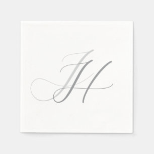 Serviette En Papier Calligraphie Monogramme Gris Blanc Plat Simple