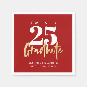Serviette En Papier Calligraphie Or moderne Photo Graduation Rouge