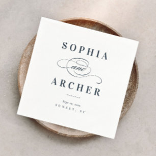 Serviette En Papier Calligraphie romantique Marine Bleu Mariage élégan