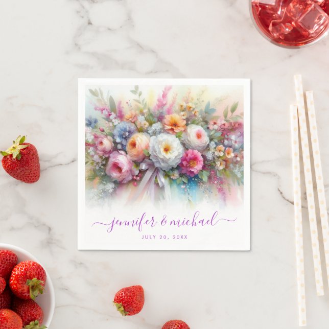 Serviette En Papier Calligraphie Script Aquarelle Florale Mariage (En situation)