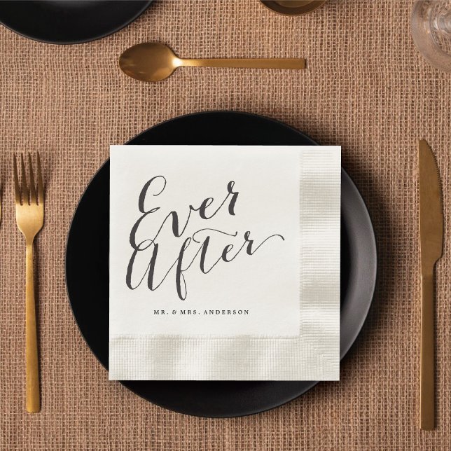 Serviette en papier calligraphiée pour mariage sur (EVER AFTER Script Calligraphy Wedding Paper Napkin @ fatfatin_blue_knot)