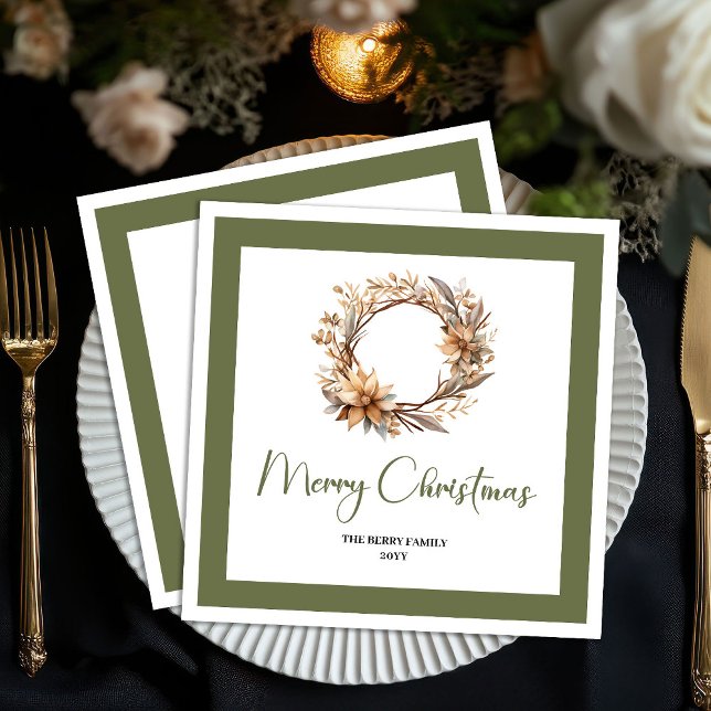 Serviette En Papier Calm Earthy Christmas Wreath Personalized Napkins (Calm Earthy Christmas Wreath Personalized Napkins)