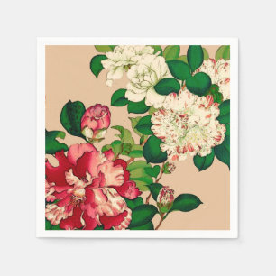 Serviette En Papier Camellias japonais vintage. Rose profond sur le be