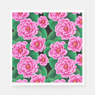 Serviette En Papier Camellias rose Fuchsia et Feuilles verts Jade