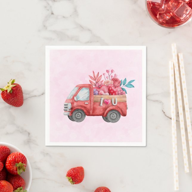 Serviette En Papier Camion d'amour mignon avec Coeur Cargo Aquarelle (En situation)