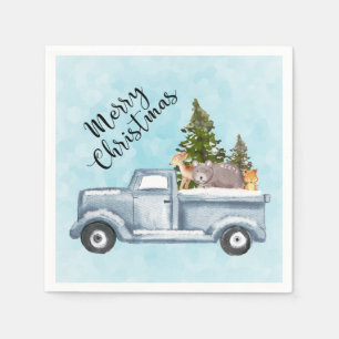 Serviette En Papier Camion de Noël avec pins et animaux de forêt