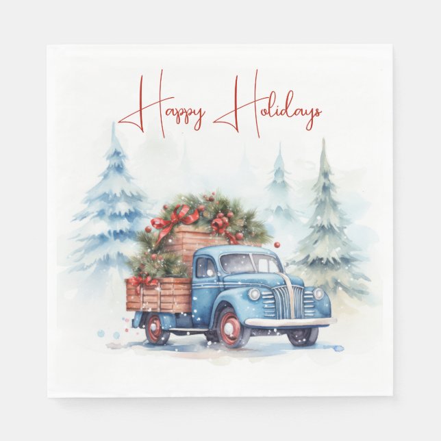 Serviette En Papier Camion de Noël rétro bleu (Devant)