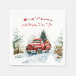 Serviette En Papier Camion de Noël rouge en forêt enneigée 