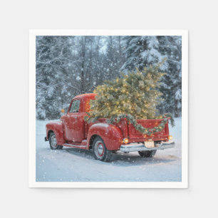 Serviette En Papier Camion Red Retro Avec Arbre De Noël Dans Les Flamm