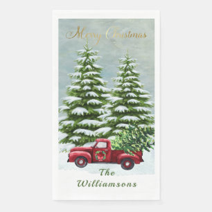 Serviette En Papier Camion Rouge Arbres de Noël    VintageBeverage Co