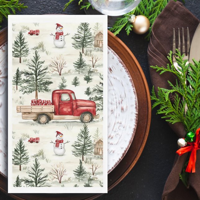 Serviette En Papier Camion rouge avec cadeaux et bonhomme de neige (Créateur téléchargé)