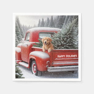 Serviette En Papier Camion Rouge de Noël avec Golden Retriever