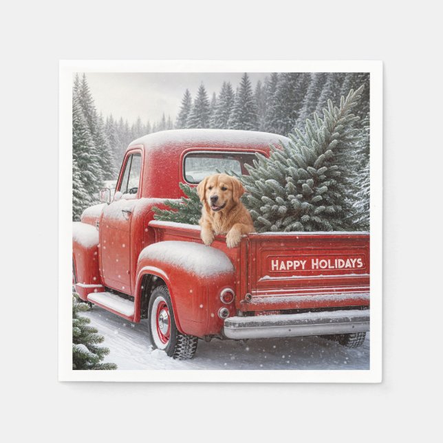 Serviette En Papier Camion Rouge de Noël avec Golden Retriever (Devant)