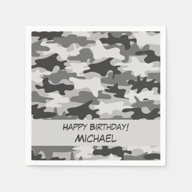 Serviette En Papier Camouflage gris Joyeux Anniversaire Nom Personnali (Devant)