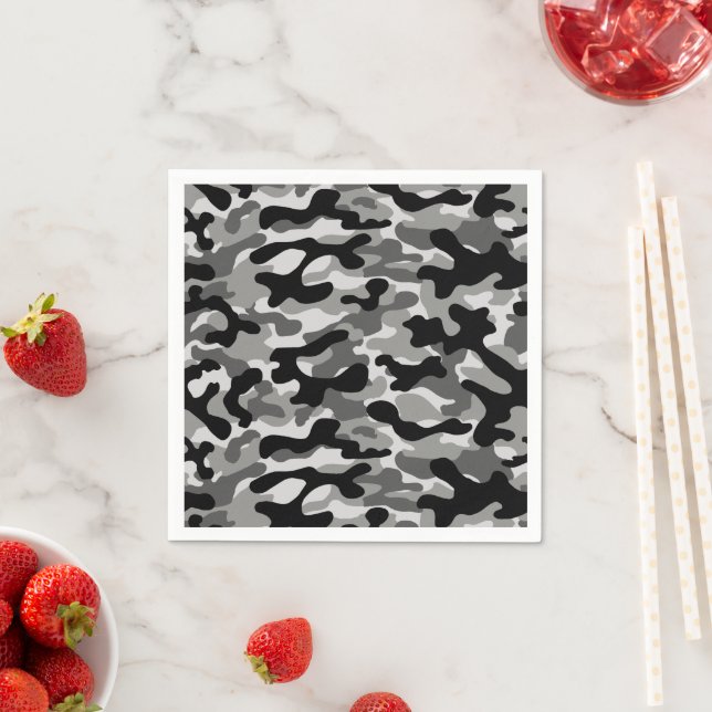 Serviette En Papier Camouflage gris noir et blanc  (En situation)