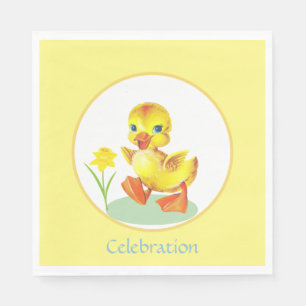 Serviette En Papier Canard d'anniversaire avec fleur sur jaune et blan