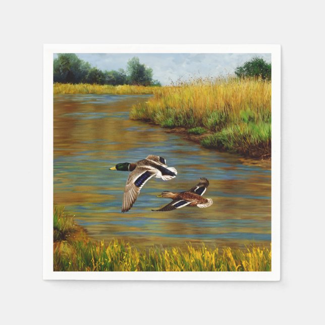 Serviette En Papier Canards-Majards Survolant L'Étang (Devant)