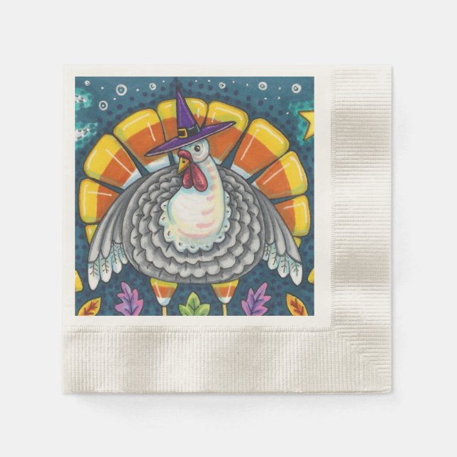 SERVIETTE EN PAPIER CANDY CORN TURKEY, MERCI OISEAU D'ART FOLK (Devant)