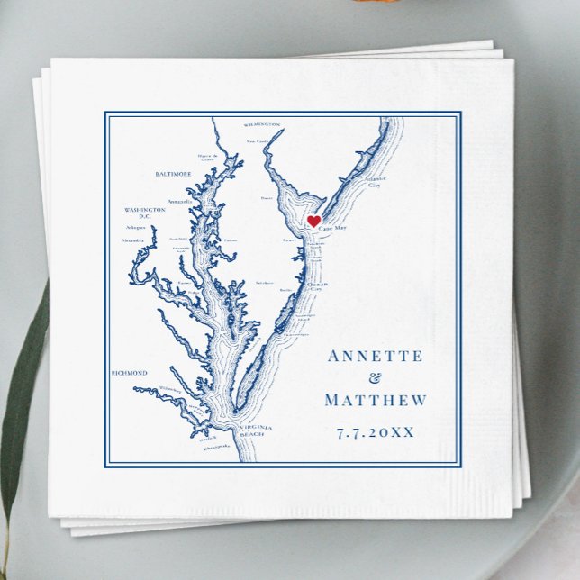 Serviette En Papier Cape May New Jersey Shore Map Mariage élégant (Créateur téléchargé)