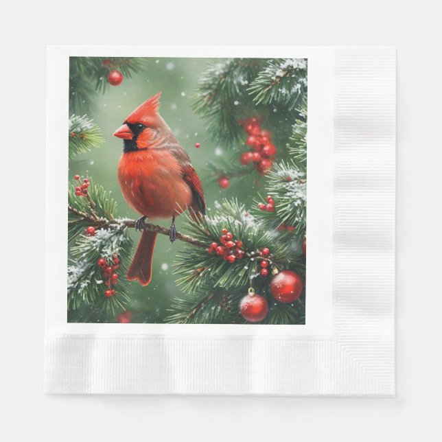 Serviette En Papier Cardinal de Noël et aiguilles de pin (Devant)