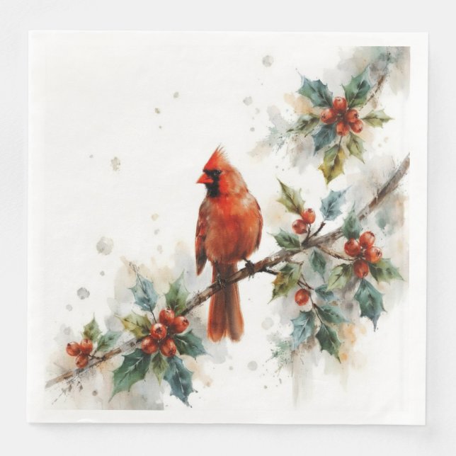 Serviette En Papier Cardinal de Noël et feuilles de houx (Devant)