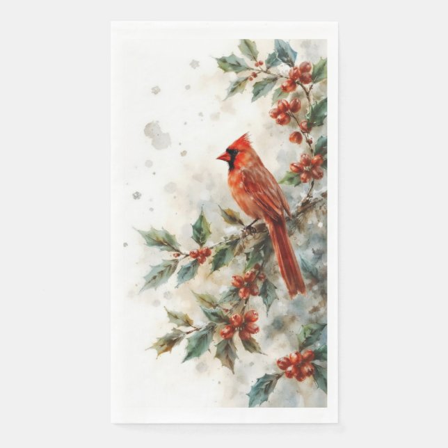 Serviette En Papier Cardinal de Noël et feuilles de houx (Devant)